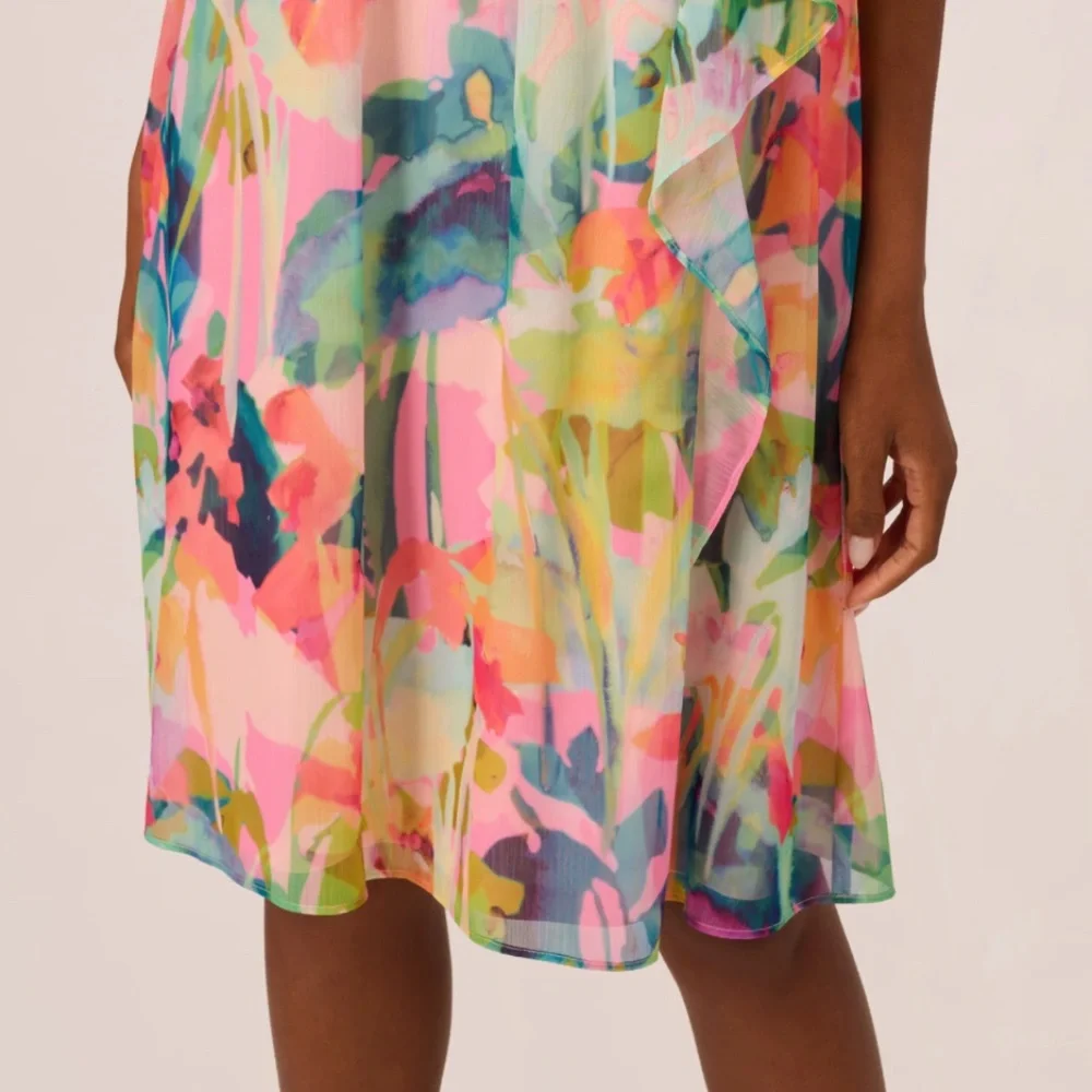 Adrianna Papell Floral Ruffle Chiffon Halter Trapeze Dress In Pink Multi - Picture 10 of 12